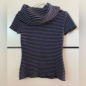 ST. JOHN Navy Blue & White Stripe Cowl Neck blouse  Roll Collar Knit Wool Rayon